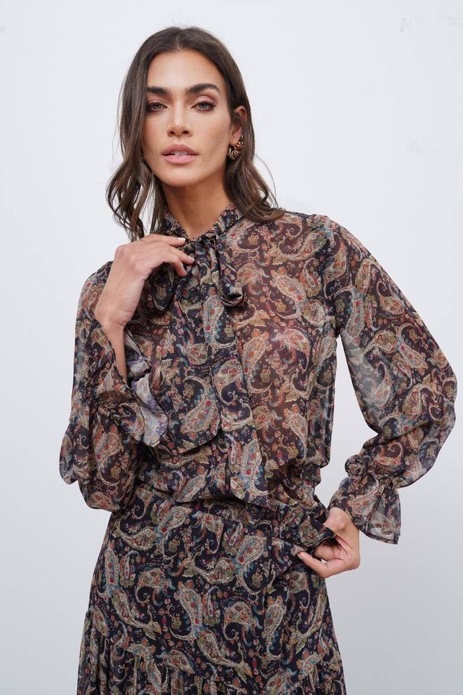 Cream Rouge Brown Ethnic Paisley Blouse With Ruffle Sleeves Wholesale Clothing Boho