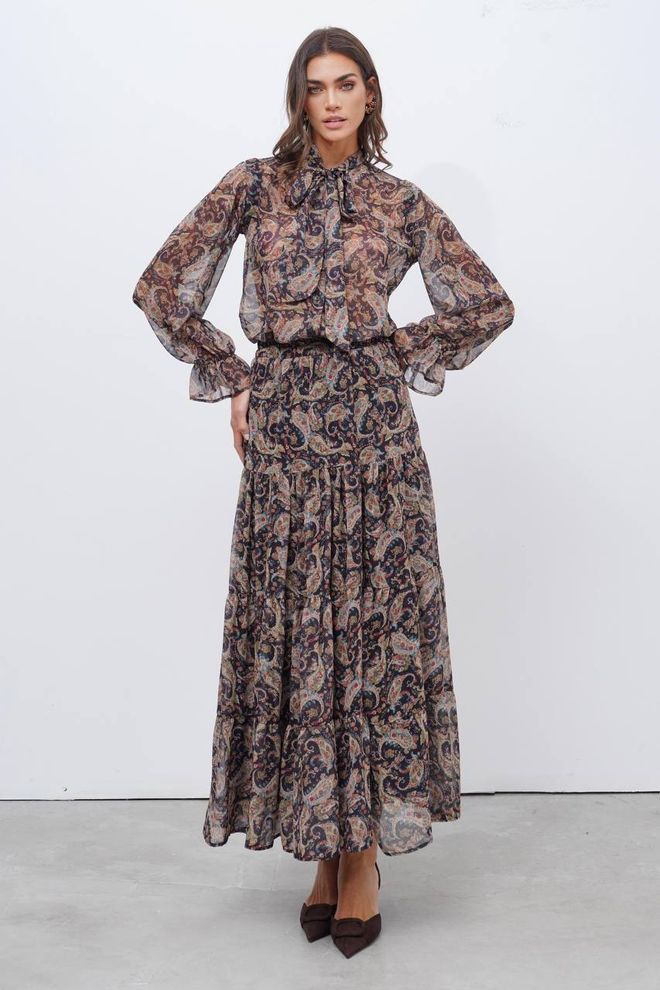 Cream Rouge بلوزة بني عرقي بريسلي مع أكمام كشكش ملابس بالجملة 1