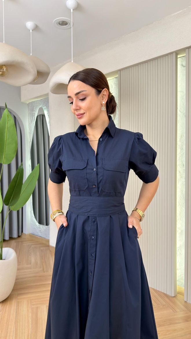Cream Rouge Navy Blue Elegant Puff Sleeve Shirt Dress Wholesale Clothing Work