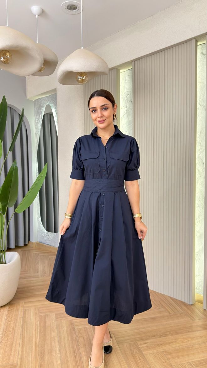 Cream Rouge Vestito Blu Navy Elegante Con Maniche A Sbuffo E Camicia Abbigliamento all'ingrosso Modesto