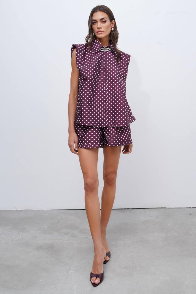 Cream Rouge Pantaloncini Bordeaux A Pois Bermuda Vita Alta Abbottonato Tasca Inclinata Abbigliamento all'ingrosso 1