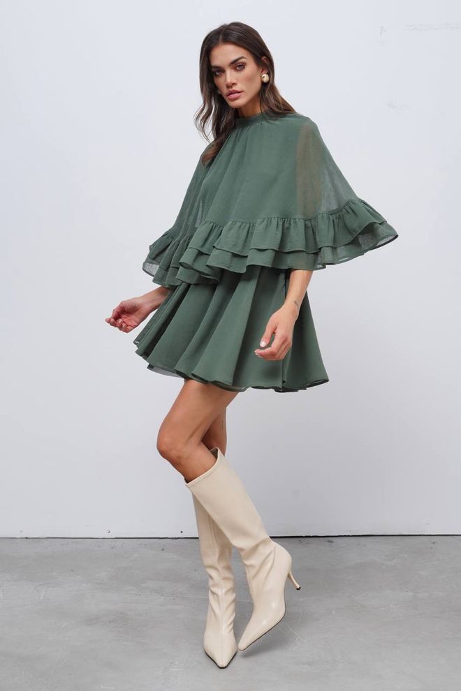 Cream Rouge Grünes Fit And Flare Mini Kleid Mit Kappenärmeln Großhandelskleidung Lässig