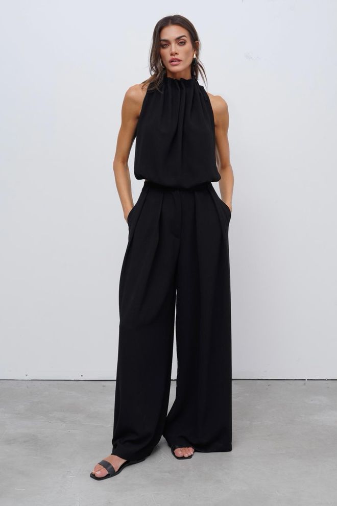 Cream Rouge Czarne Eleganckie Spodnie Palazzo Z Wysokim Stanem Hurtowa sprzedaż odzieży Skromny