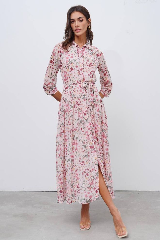 Cream Rouge Pink Floral Maxi Shirt Dress With 3/4 Straight Sleeves Wholesale Clothing Modest