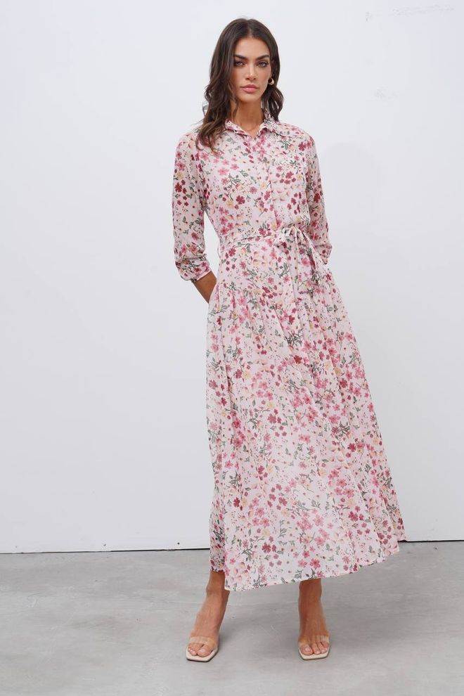Cream Rouge Pink Floral Maxi Shirt Dress With 3/4 Straight Sleeves Wholesale Clothing Lounge