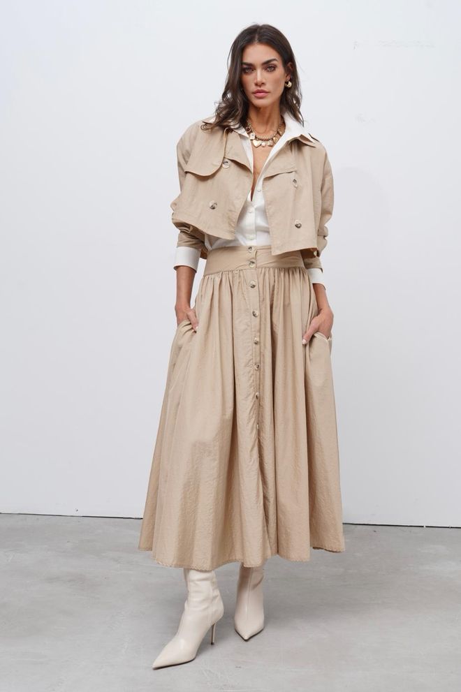 Cream Rouge Falda Maxi En Línea A Beige Con Cierre Abotonado Y Cintura Alta Ropa al por mayor Modesto