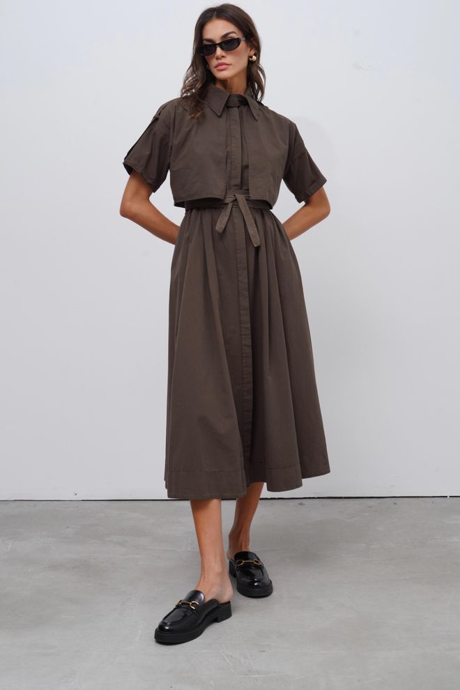 Cream Rouge Vestido Marrom Em Linha A Com Gola Xale E Mangas Curtas Roupas por atacado Casual