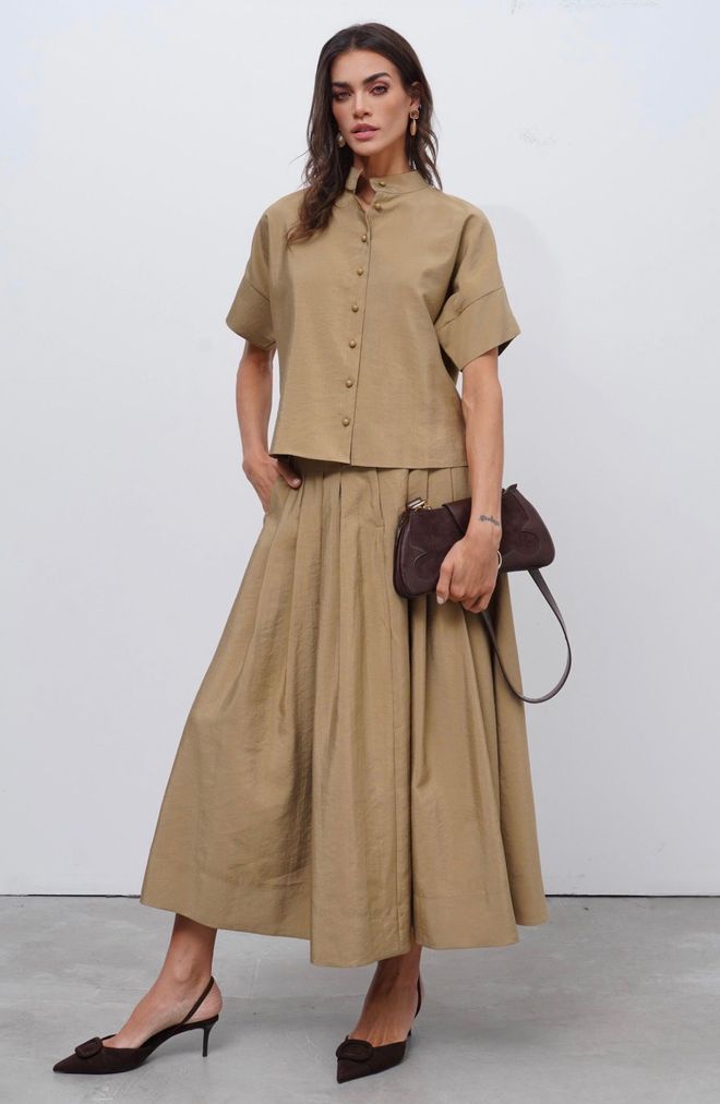 Cream Rouge Khaki Blouse With Grandad Neck And Half Sleeves Wholesale Clothing Modest