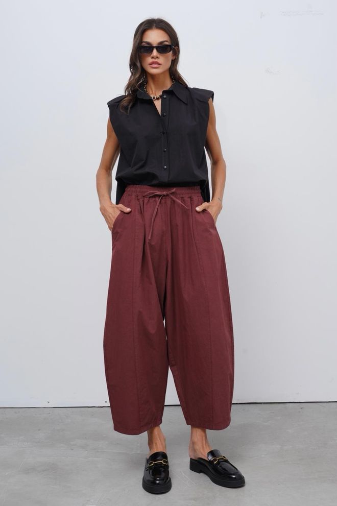 Cream Rouge Calças Palazzo Vermelho Clarete Com Cordão Roupas por atacado Casual