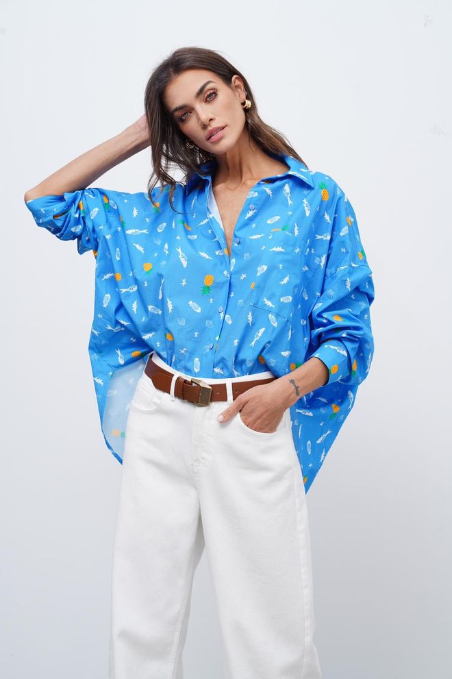 Cream Rouge Blauwe Oversized Casual Shirt Met Geknoopte Sluiting Groothandel Kleding Casual