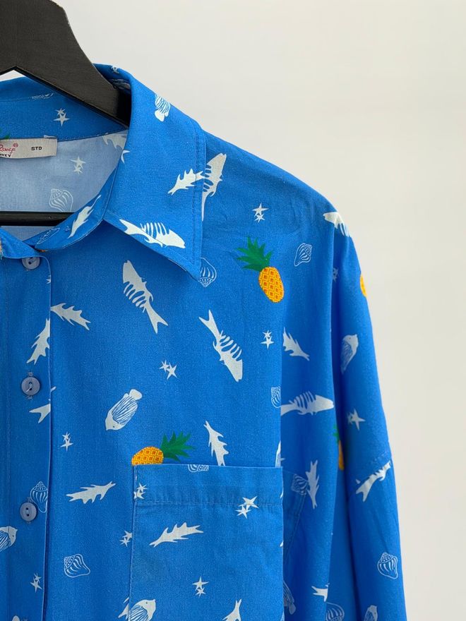 Cream Rouge Blue Oversized Casual Shirt With Buttoned Closure Wholesale Clothing 1