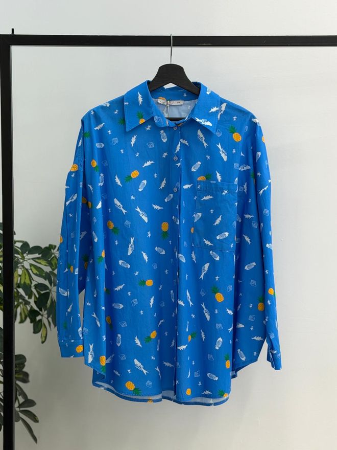 Cream Rouge Blue Oversized Casual Shirt With Buttoned Closure Wholesale Clothing Summer