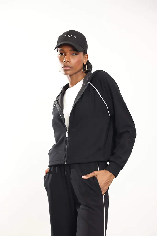 Cream Rouge Black Tracksuit With Hooded Neck & Zip Up Closure Wholesale Clothing Lounge