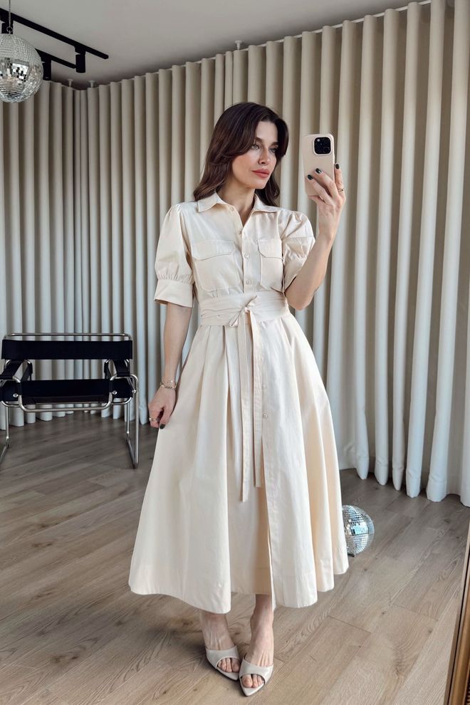 Cream Rouge Бежевый Одеваться – Элегантное Миди Рубашка С Пышными Рукавами Оптовая продажа одежды Повседневный