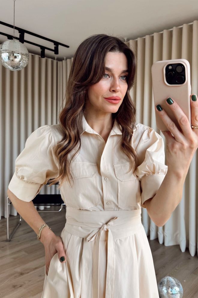 Cream Rouge Beige Dress – Elegant Midi Shirt With Puff Sleeves Wholesale Clothing 1