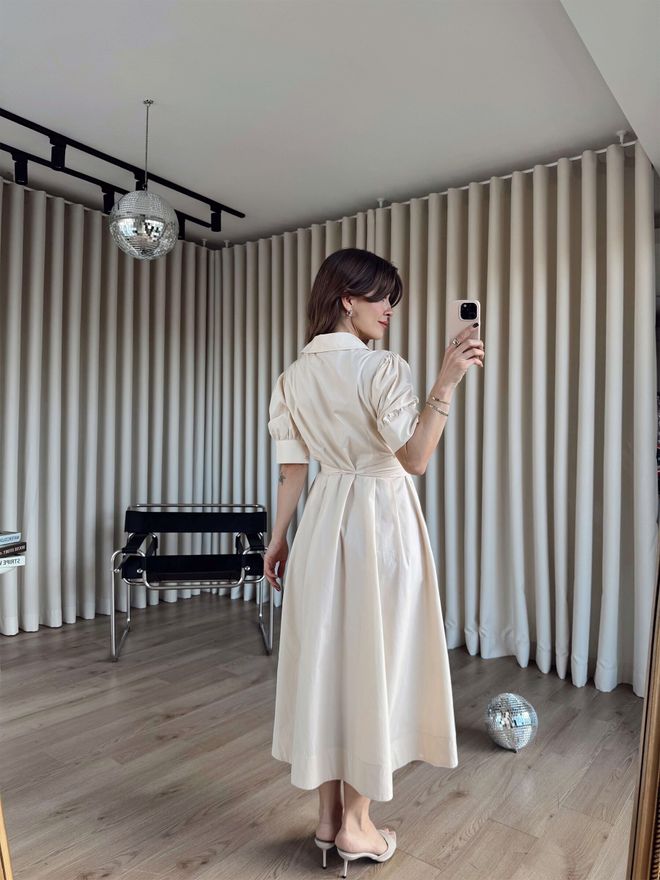 Cream Rouge Beige Dress – Elegant Midi Shirt With Puff Sleeves Wholesale Clothing Lounge