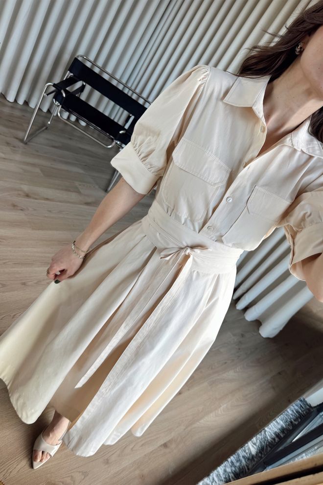 Cream Rouge Beige Dress – Elegant Midi Shirt With Puff Sleeves Wholesale Clothing Summer