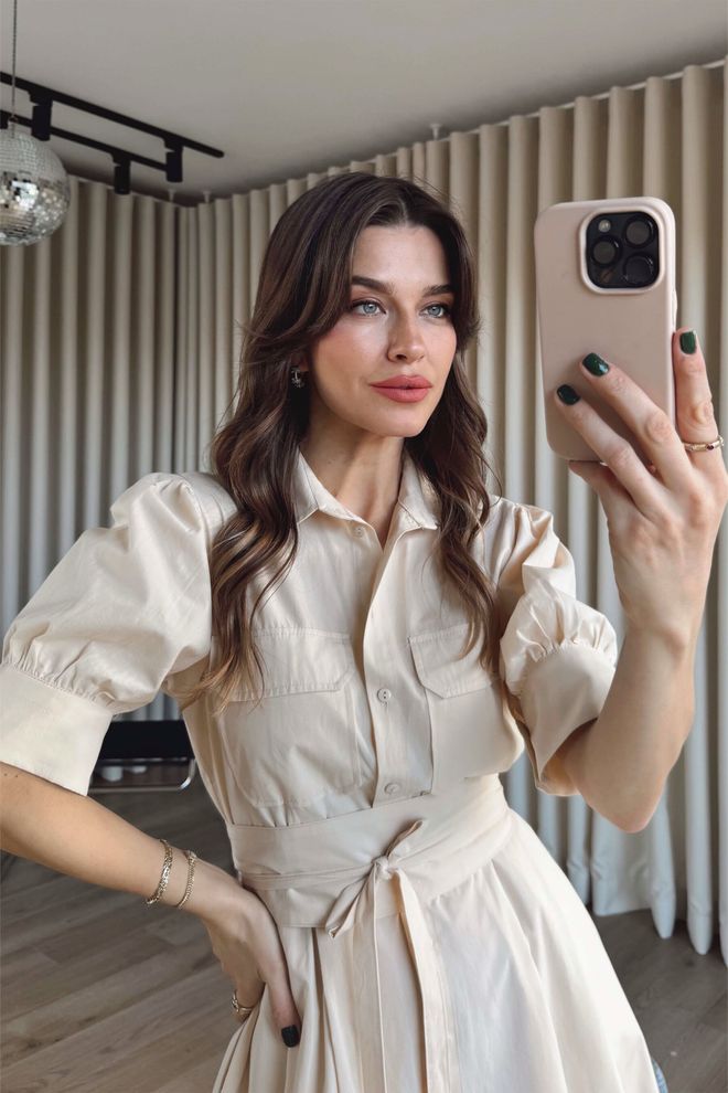 Cream Rouge Beige Dress – Elegant Midi Shirt With Puff Sleeves Wholesale Clothing Formal