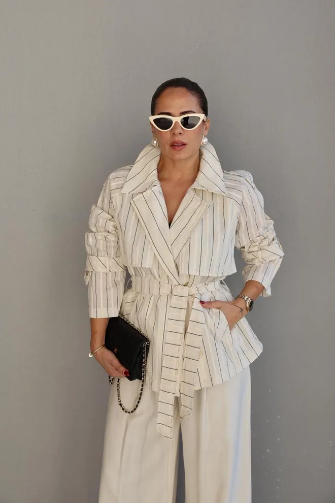 Cream Rouge Bež Jakna Blejzer S Dvorednim Kopčanjem I Prugama Veleprodaja odjeće Ležerni