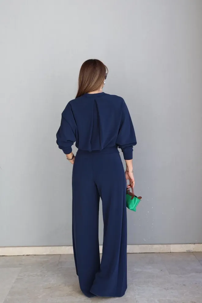 Cream Rouge Панталоне Морнарско Плаве Палацо Са Високим Струком И Широким Ногама Navy Blue Palazzo Pants With High Waist And Wide Leg Велепродаја одеће 1
