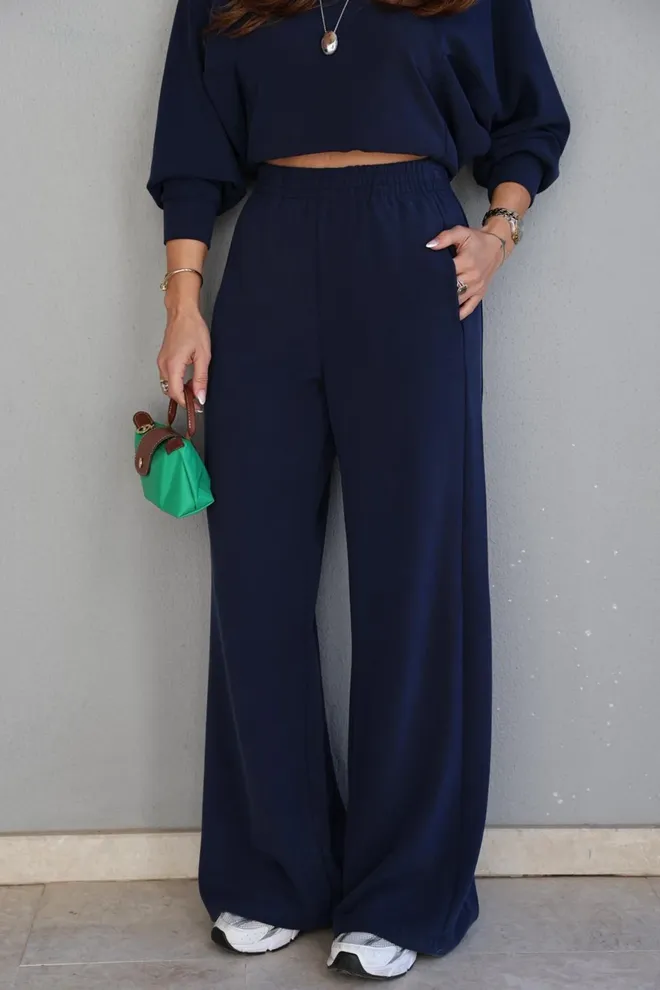 Cream Rouge Панталоне Морнарско Плаве Палацо Са Високим Струком И Широким Ногама Navy Blue Palazzo Pants With High Waist And Wide Leg Велепродаја одеће Лето