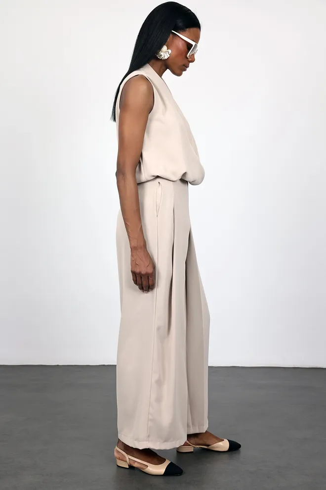 Cream Rouge Beige Palazzo Pants With High Waist And Wide Leg Wholesale Clothing 1