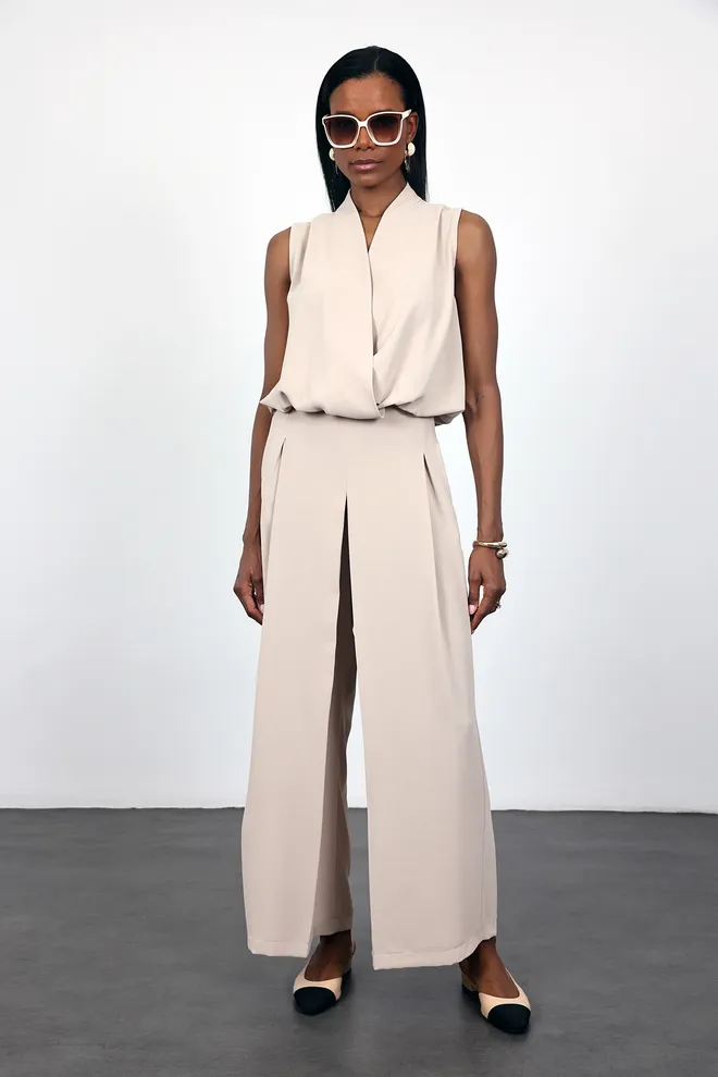 Cream Rouge Beige Palazzo Pants With High Waist And Wide Leg Wholesale Clothing Work