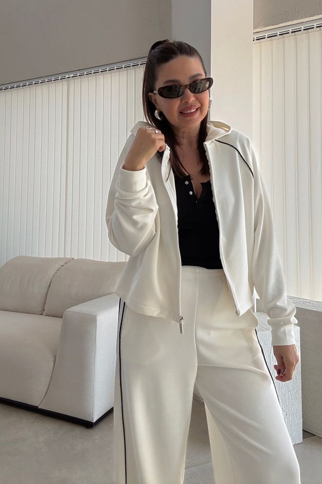 Cream Rouge White Tracksuit With Hooded Neck & Palazzo Pants Wholesale Clothing 1