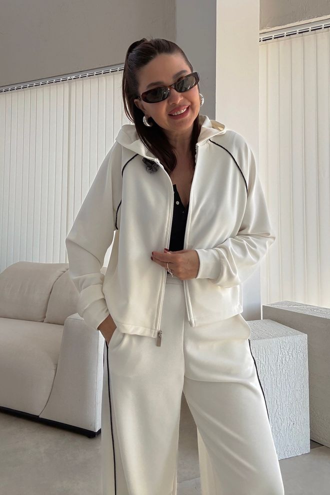 Cream Rouge White Tracksuit With Hooded Neck & Palazzo Pants Wholesale Clothing Lounge