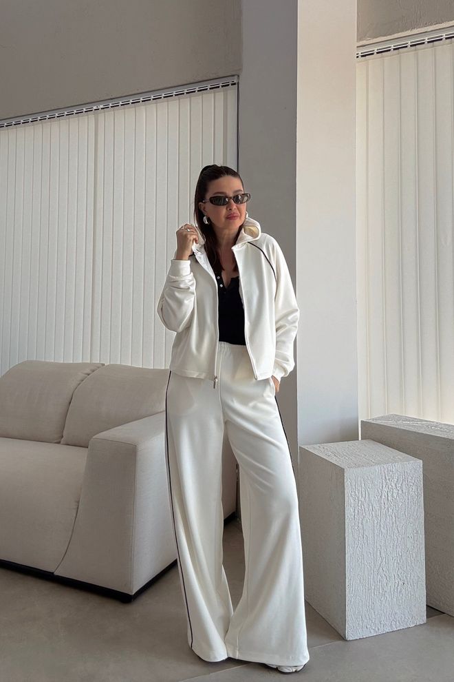 Cream Rouge White Tracksuit With Hooded Neck & Palazzo Pants Wholesale Clothing Casual