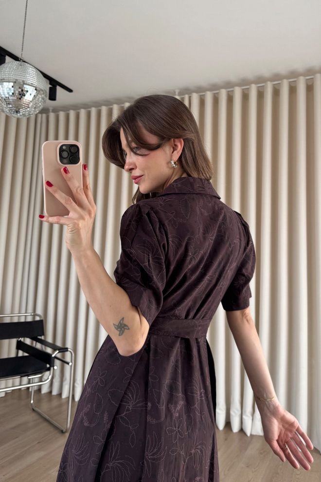 Cream Rouge Елегантна Бордо Флорална Миди Рокля Тип Риза Дрехи на едро Работа