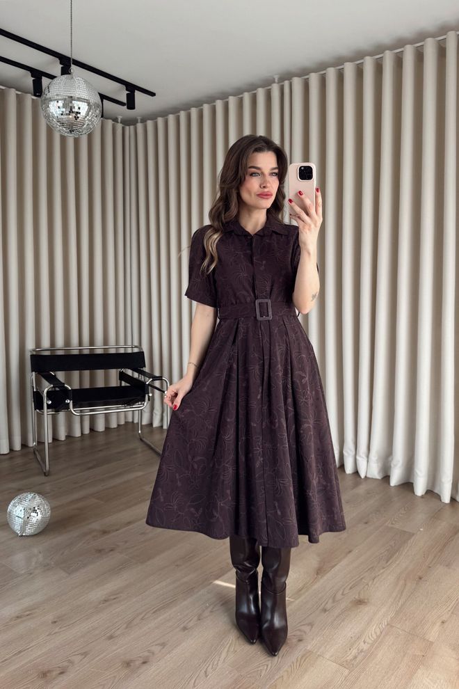 Cream Rouge Елегантна Бордо Флорална Миди Рокля Тип Риза Дрехи на едро 1