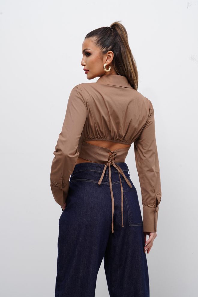 Cream Rouge Brown Fitted Notched Neck Crop Shirt Wholesale Clothing 1