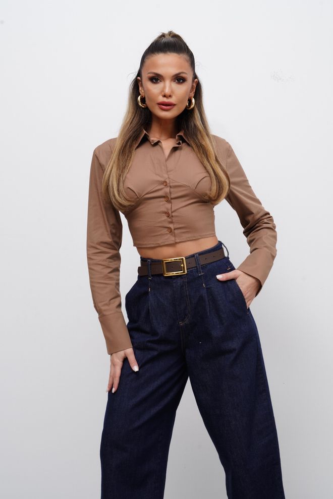 Cream Rouge Brown Fitted Notched Neck Crop Shirt Wholesale Clothing Work