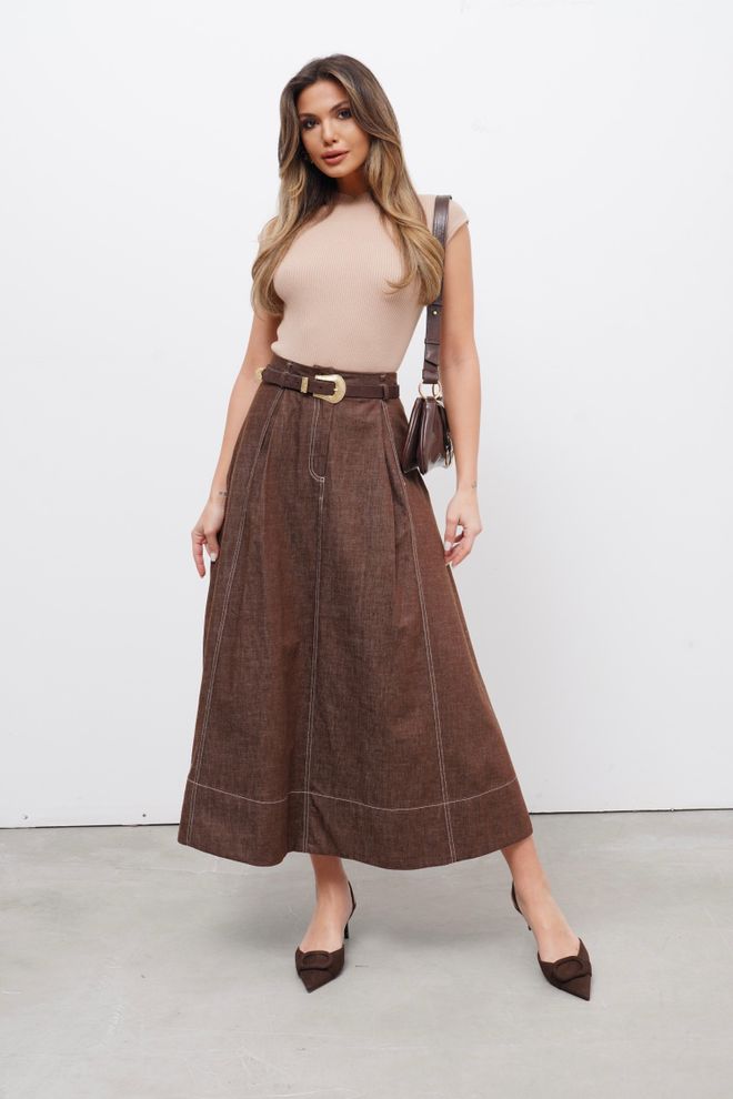 Cream Rouge Κομψή Καφέ Φούστα Μάξι Με Φαρδιά Γραμμή Και Ψηλόμεση Μέση Χονδρικό εμπόριο ενδυμάτων Casual
