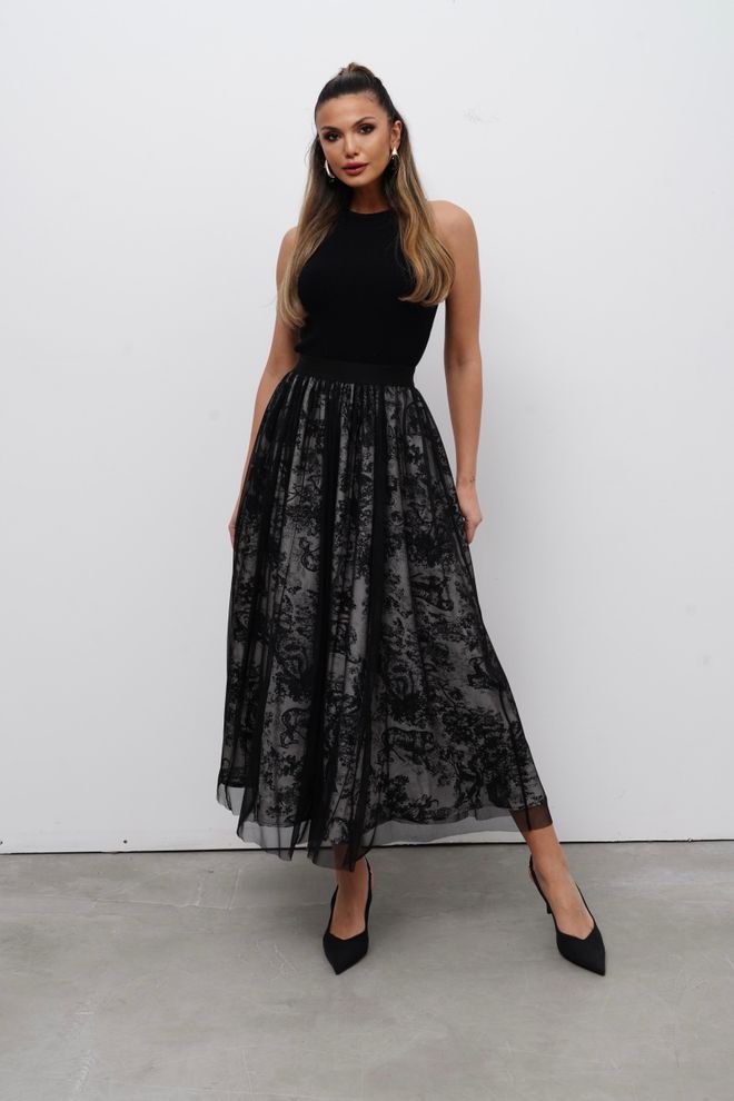 Cream Rouge Eleganti Juoda Platėjanti Maxi Sijonas Su Aukšta Juosmeniu Didmeninė prekyba drabužiais 1