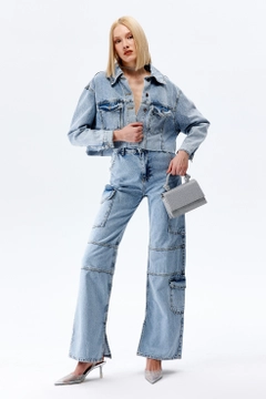 Una modella di abbigliamento all'ingrosso indossa CRO10192 - Jeans - Navy Blue, vendita all'ingrosso turca di Jeans di Cream Rouge