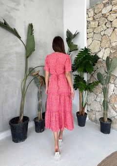 A wholesale clothing model wears CRO10332 - Long Crispy Patterned Dress - Fuchsia, Turkish wholesale Dress of Cream Rouge