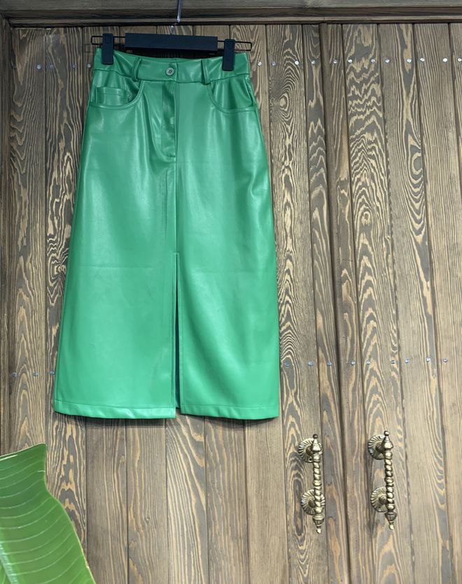 Cream Rouge Saia de Couro com Fenda Frontal Verde Escuro Roupas por atacado Casual