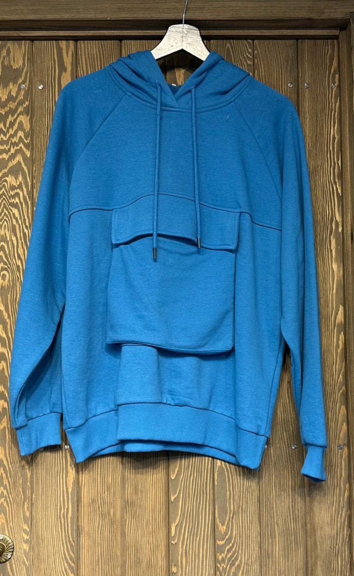 A wholesale clothing model wears cro11632-kangaroo-pocket-sweatshirt-indigo, Turkish wholesale Hoodie of Cream Rouge