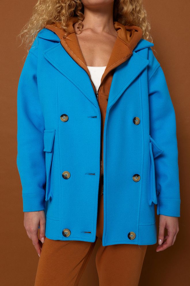 Cream Rouge Stamped Coat With Front Pockets Blue Wholesale Clothing Casual