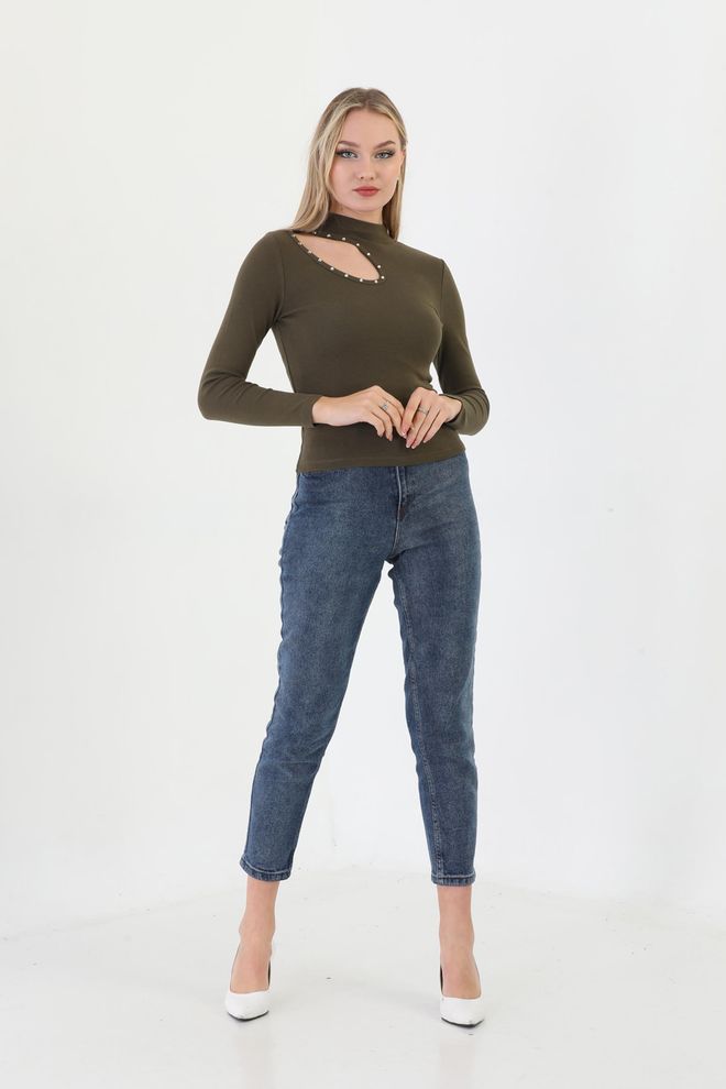 EDELLE T shirt Côtelé À Manches Longues Et Col Roulé À Col Roulé Edelle Brodé De Pierres Kaki Vêtements en gros Décontracté