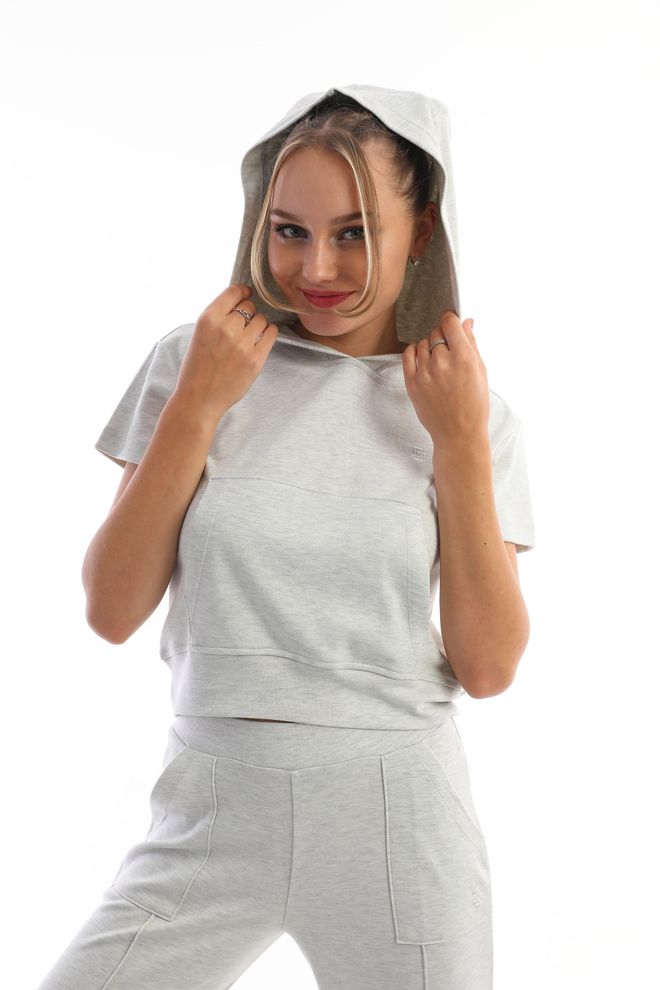 EDELLE Tuta Sportiva Edelle Grey Melange In Felpa Con Cappuccio A Maniche Corte Abbigliamento all'ingrosso Sportivo