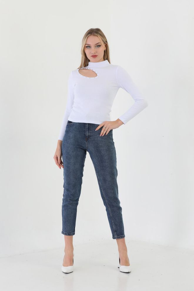 EDELLE T shirt Côtelé À Manches Longues Et Col Roulé Blanc Avec Broderie De Pierres Edelle Vêtements en gros Décontracté