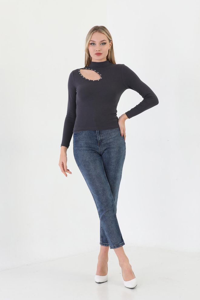 EDELLE T shirt Côtelé À Manches Longues Et Col Roulé Gris Foncé Edelle Vêtements en gros Décontracté