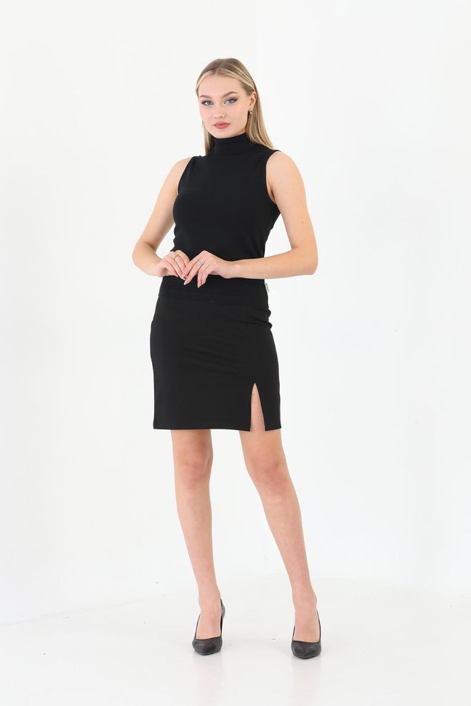 EDELLE Blusa Negra Acanalada Con Cuello Alto Y Manga Cero De Edelle Ropa al por mayor Casual