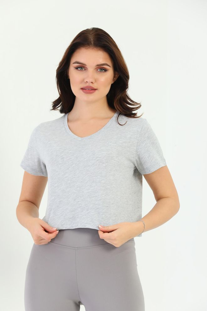 EDELLE Damska Koszulka Edelle Grey Melange Crop V Neck Hurtowa sprzedaż odzieży Casual