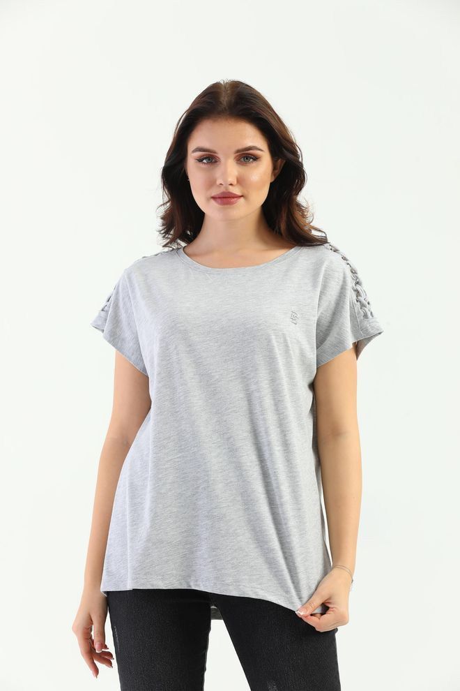 EDELLE Edelle Grey Melange Shoulder Braided Women's T Shirt Wholesale Clothing Casual