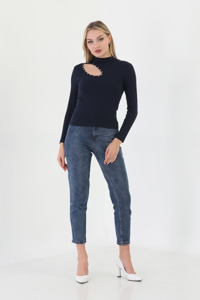 EDELLE T shirt Côtelé À Manches Longues Et Col Roulé Bleu Marine Edelle Vêtements en gros Décontracté