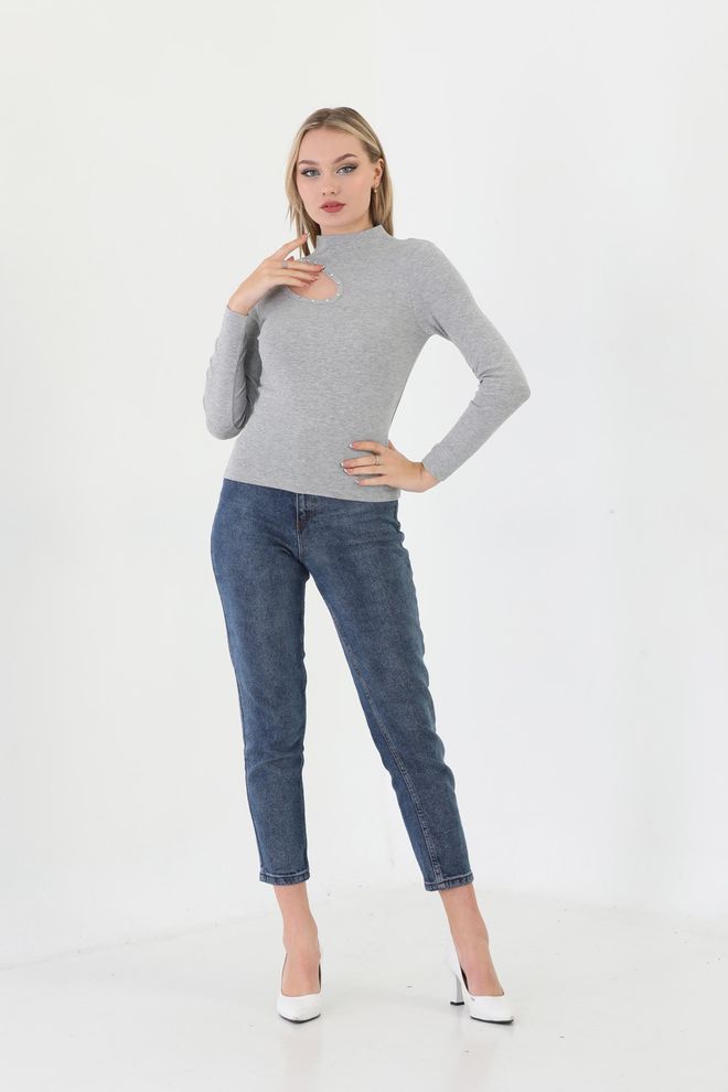 EDELLE T shirt Côtelé À Manches Longues Et Col Roulé Gris Mélangé Edelle Vêtements en gros Décontracté